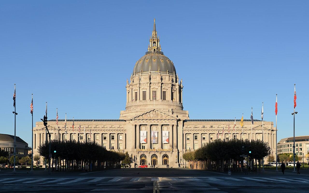 Twelve-segment panorama of San Francisco City Hall, San Francisco, early morning.
